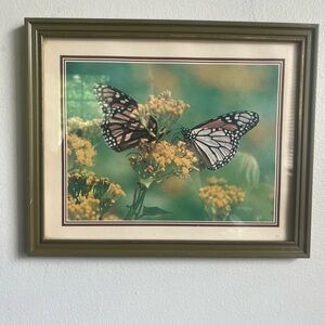 Vintage Butterfly Wall Art Hanging Decor Nature Matte Avocado Green Frame Retro